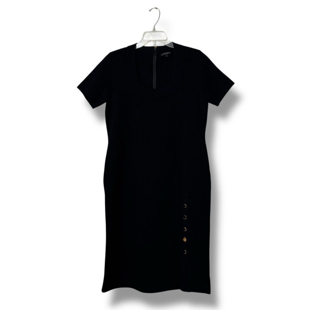 St. John Ribbed Short Sleeve Sweater Dress Women’s Large Black Knit Square Neck